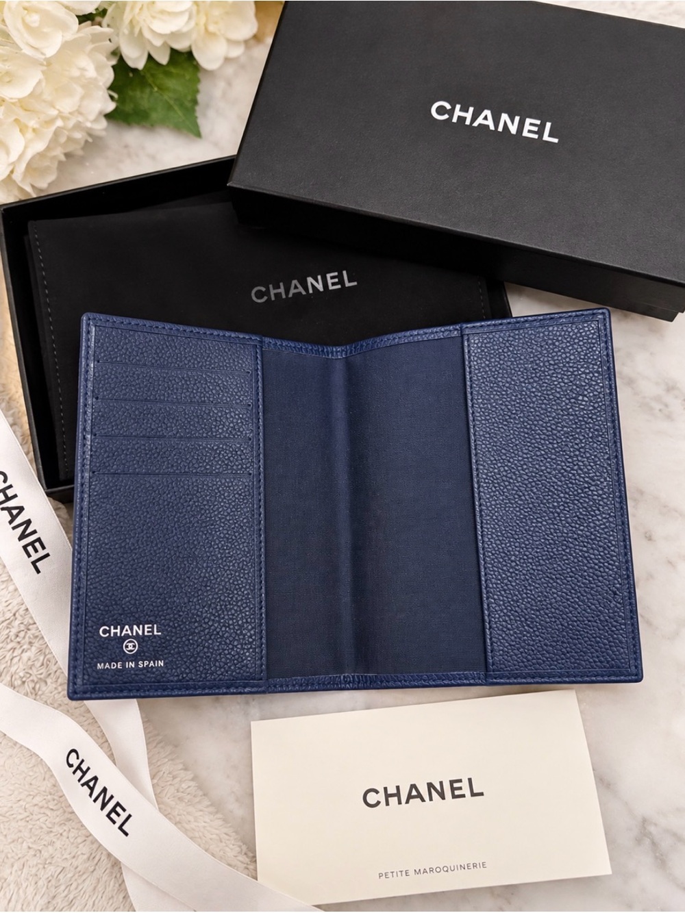 CHANEL Navy Pebbled Leather Card & Passport Sleeve